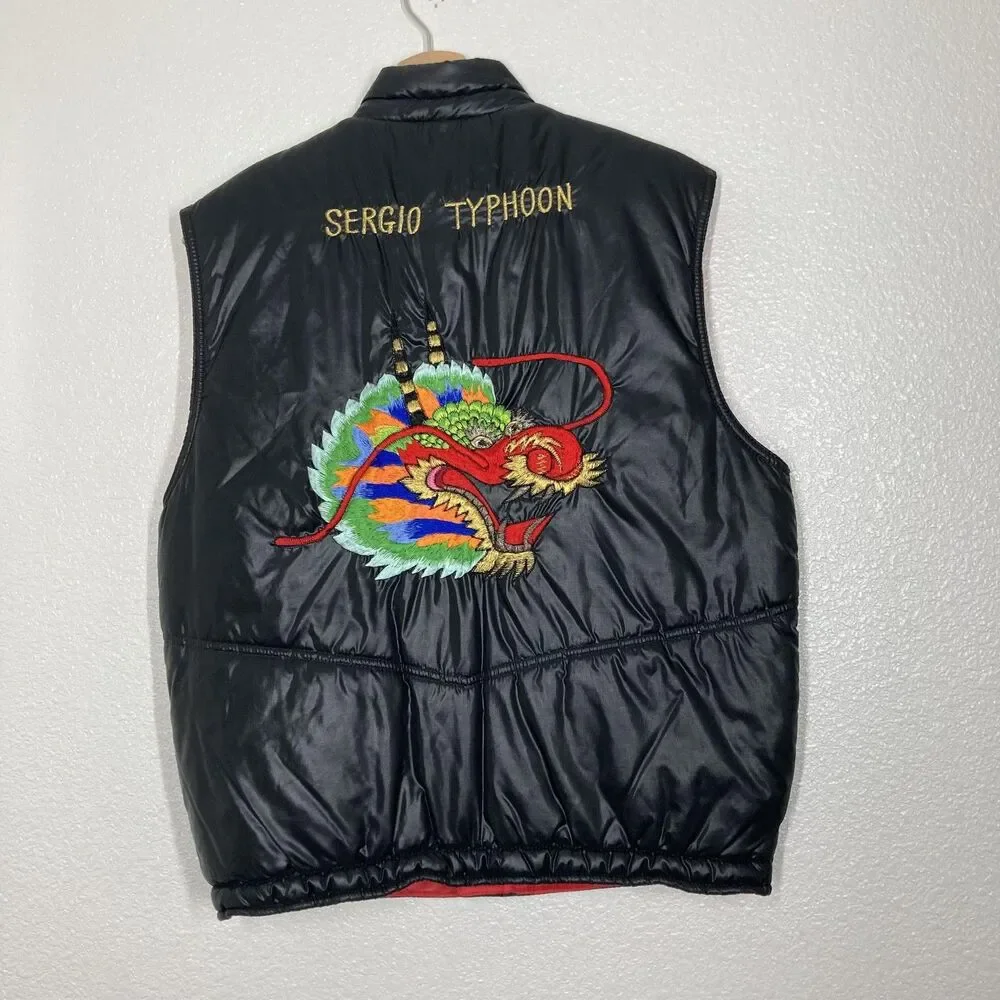 Sergio Valente Vest Mens Large Black Puffer Quilted Dragon Back Embroidered